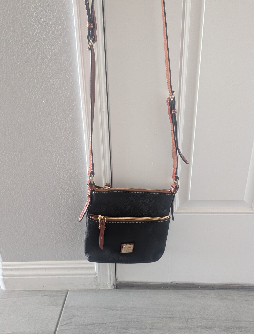 Dooney & Bourke Black Pebble Leather Crossbody with Tan Trim